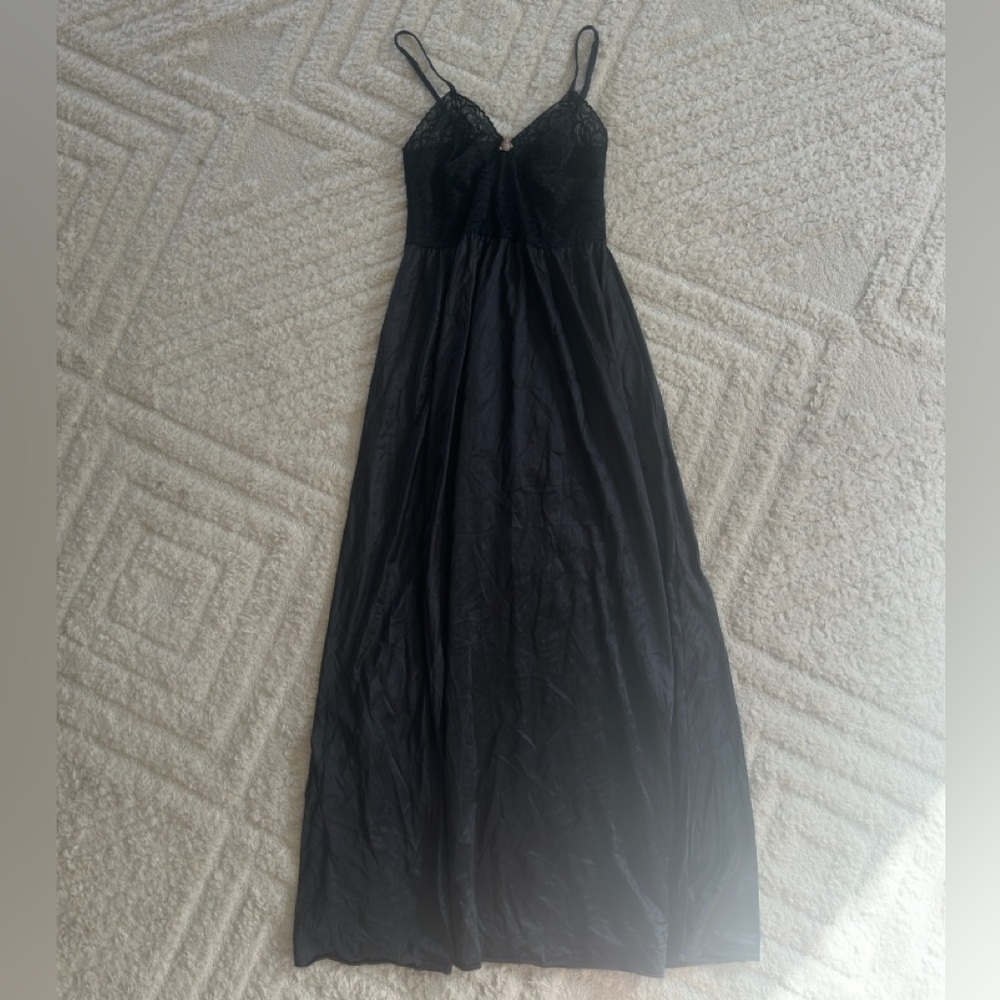Vintage black nylon lace spaghetti strap nightgown with flower detail